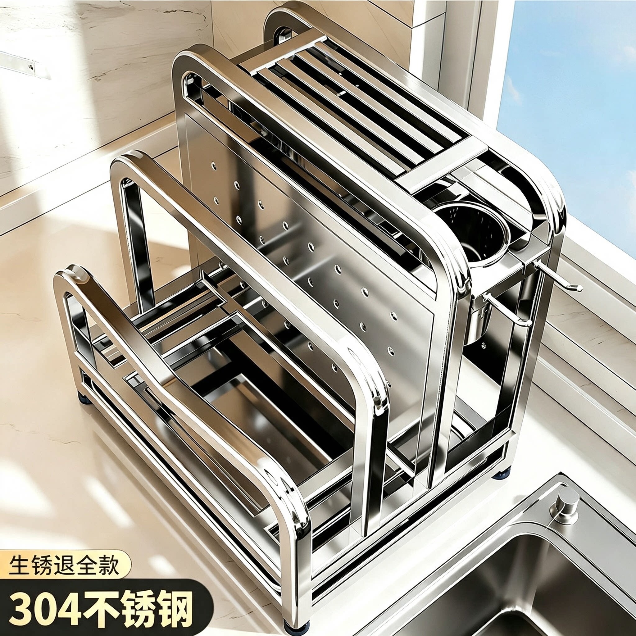 304不锈钢多功能刀具砧板一体架图片