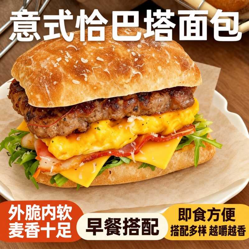 全麦恰巴塔无糖无油健身代餐早餐速食低脂全麦恰巴塔面包代餐低卡