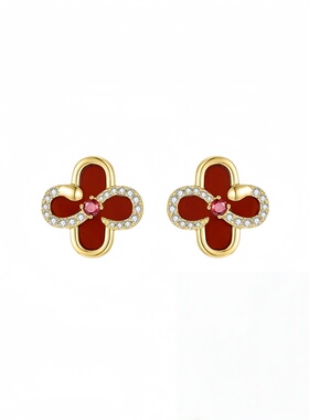 幸运四叶草项链女925银针红色耳环耳钉新年礼物