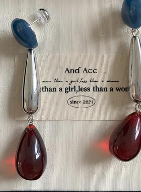 蓝红色长款水滴气质耳环设计感小众ins风高级显白耳饰女