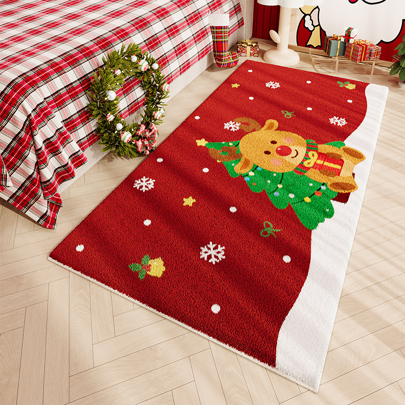 圣诞风红色卧室毛绒床边毯儿童房氛围感装饰布置地毯加厚防滑地垫,居家布艺,地毯,淘宝优惠券,粉丝福利购,淘宝优惠卷