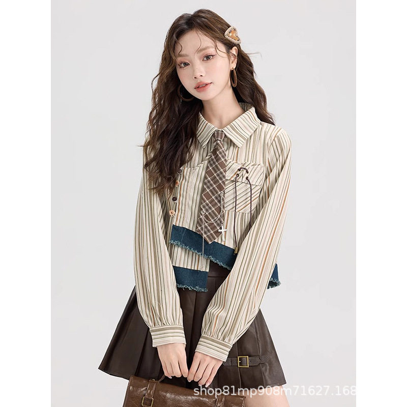 小个子复古拼接美拉德长袖衬衫女秋季条纹衬衣短款上衣美式复古