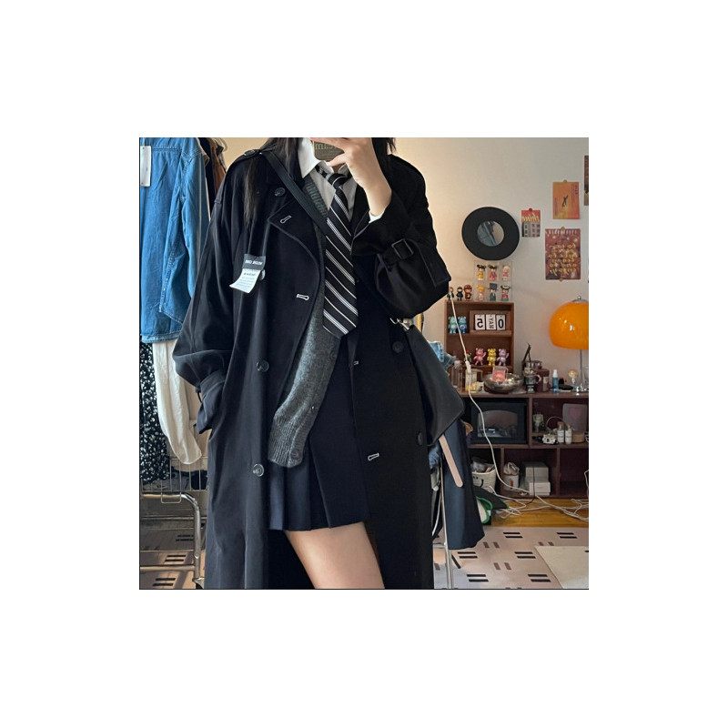 黑色风衣外套女2026年春秋季薄款中长款小个子日系英伦风大衣显瘦