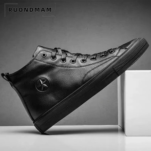 RUONDMAM真皮马丁靴英伦风加绒皮鞋男士百搭中高邦秋冬低跟圆头黑