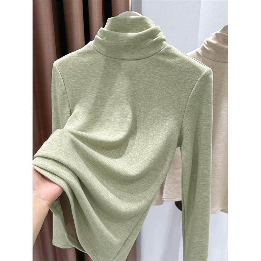 保暖修身牛油果绿卫衣女秋冬加绒简约高级无帽韩系气质堆堆领上衣