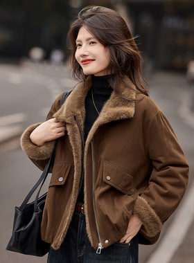 休闲保暖翻皮草外套2025年冬季新款加绒厚外衣女装SXPC25059