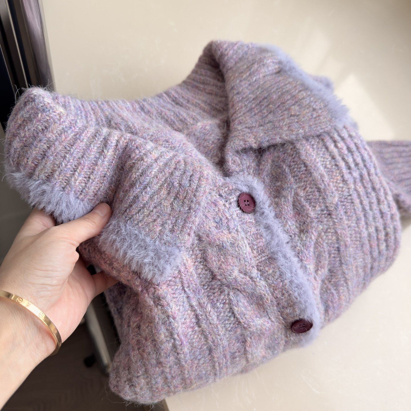 魔薇家 柜单900+温柔双色纱 女士休闲翻领针织开衫毛衣外套女秋冬