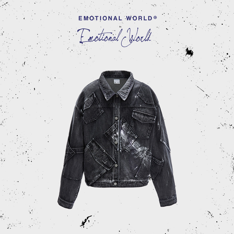 Emotional world2026春夏新款时尚潮牌水洗做旧宽松牛仔夹克外套