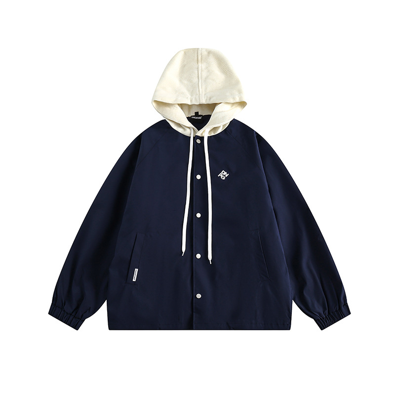 撞色拼接开衫连帽夹克日系复古