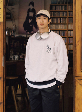 Hungry Artist中国风花鸟刺绣卫衣男圆领撞色复古恒温加绒宽松潮