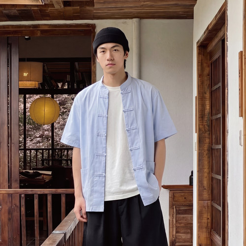 Hungry Artist新中式盘扣短袖口袋衬衫纯棉国风t恤男订婚唐装汉服