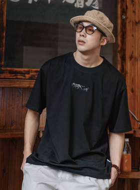 Hungry Artist新款胸口国潮复古小猫刺绣短袖t恤男夏重磅宽松凉感