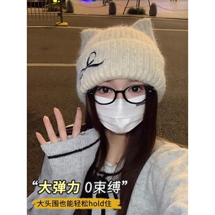 日系甜美可爱猫耳朵针织帽子女款2025新款秋冬款保暖毛线帽大头围