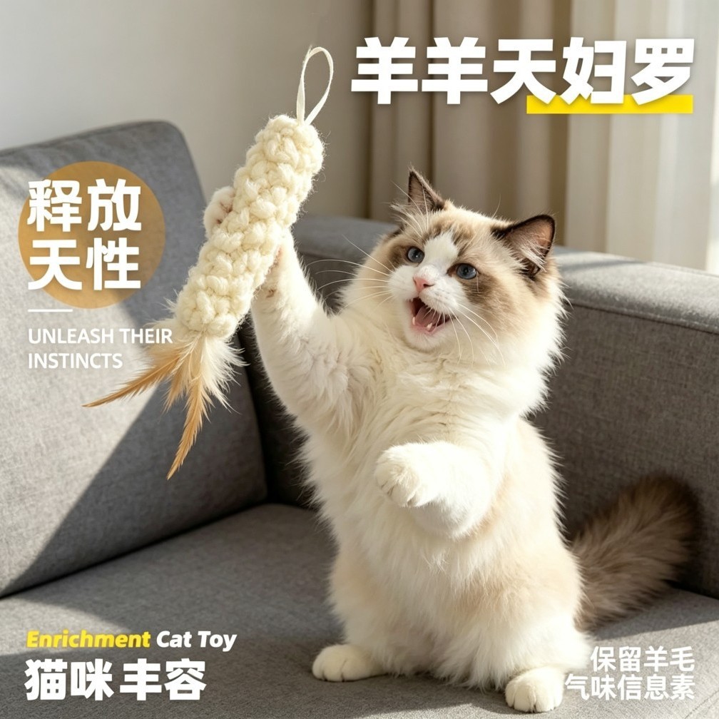玩瞭几个小时瞭！羊毛逗猫棒互动