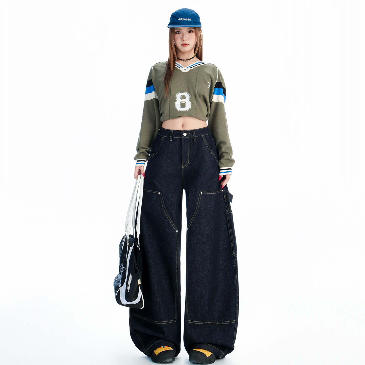 美式工装高腰弯刀牛仔裤