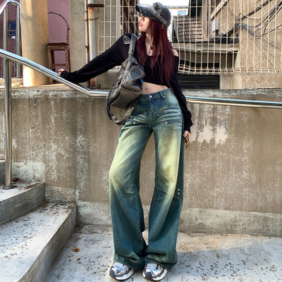 复古水洗低腰阔腿牛仔裤