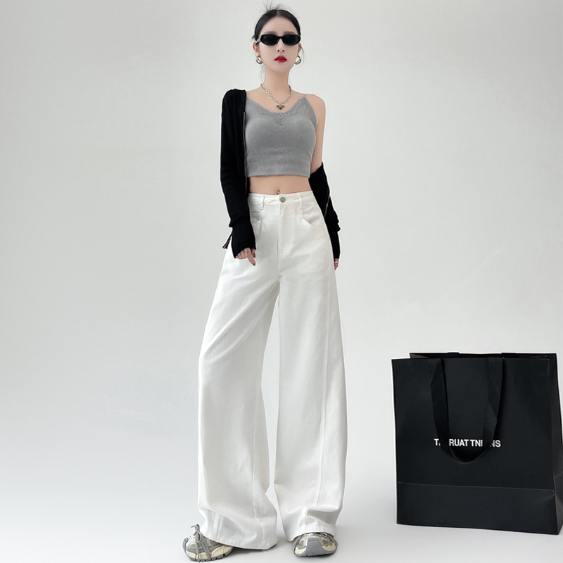 BRN复古白色高腰阔腿牛仔裤女宽松休闲显瘦拖地裤直筒裤垂感长裤