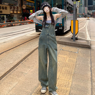 BRN新款复古蓝网红牛仔背带裤女2025春秋宽松百搭减龄连体裤长裤