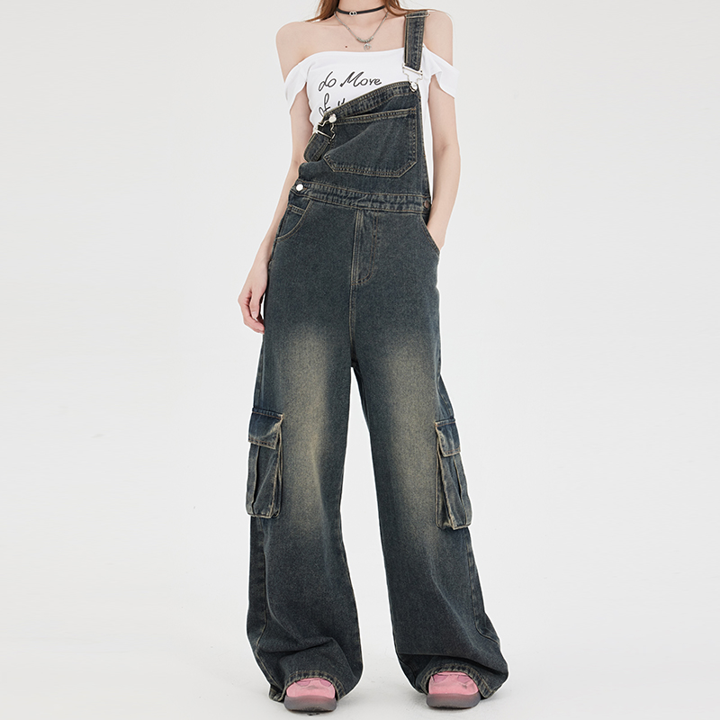 【BRN官方店】新款国潮复古水洗牛仔背带裤女减龄连体工装阔腿裤