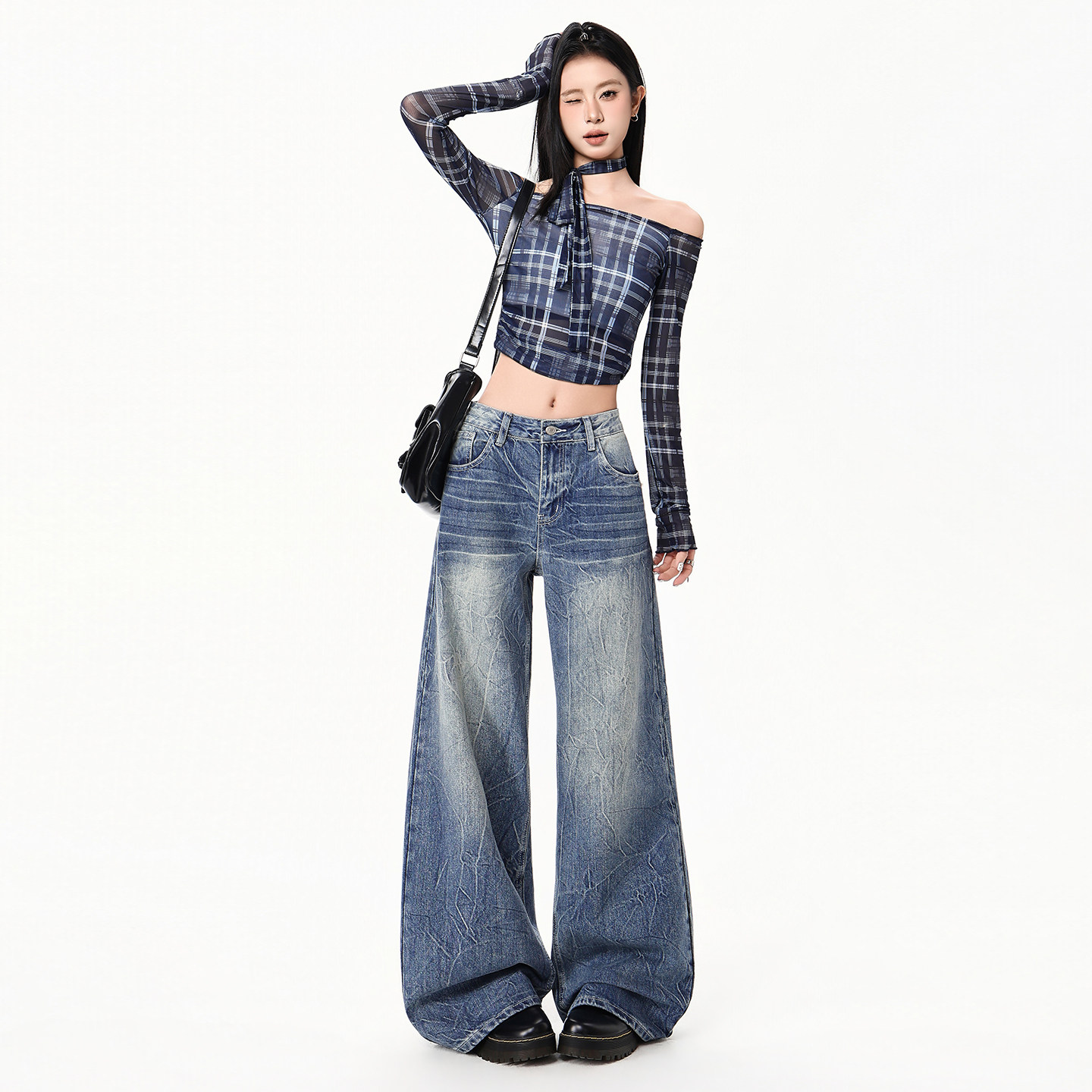 BRN美式裂纹设计复古蓝阔腿牛仔裤女时尚宽松垂感直筒显瘦拖地裤,女装/女士精品,牛仔裤,淘宝优惠券,粉丝福利购,淘宝优惠卷