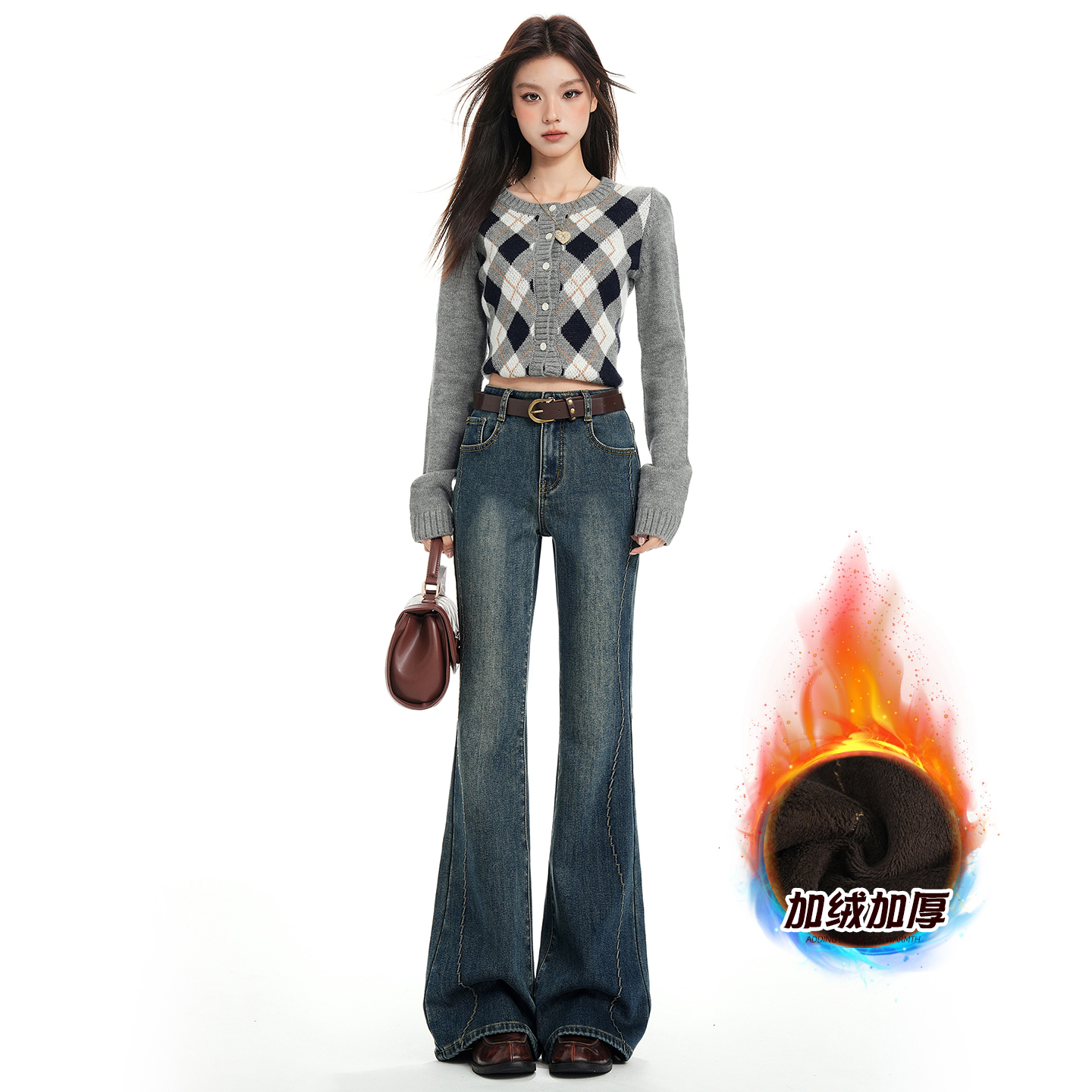 复古蓝加绒微喇牛仔裤