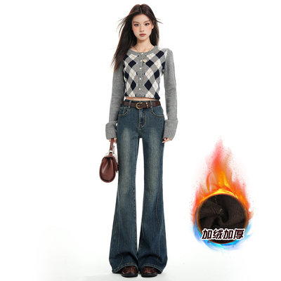 复古蓝加绒微喇牛仔裤