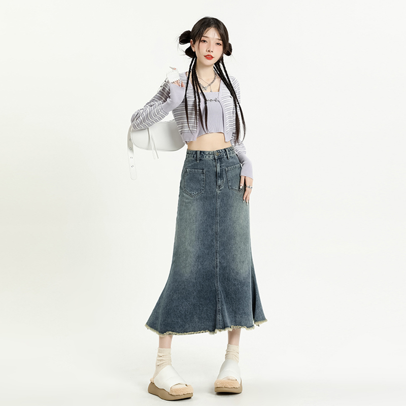 复古牛仔半身裙BRN中长款设计感