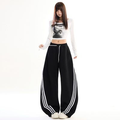 BRN美式休闲风黑色条纹拼接阔腿裤女松弛感松紧腰垂感运动休闲裤