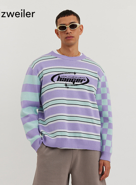 合并Holzweiler男士Hanger系列不对称条纹logo图案针织长袖卫衣