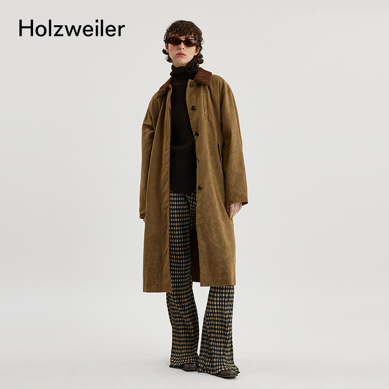 Holzweiler女士经典简约休闲复古棕色油蜡棉布Diana长款大衣外套