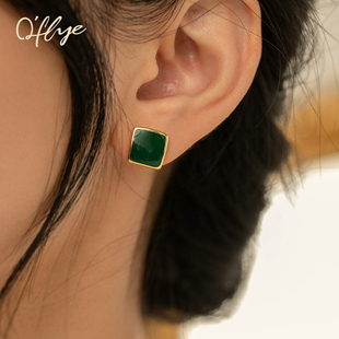 耳饰 oflye欧美轻奢复古高级感墨绿色耳环女小众几何方形耳钉个性