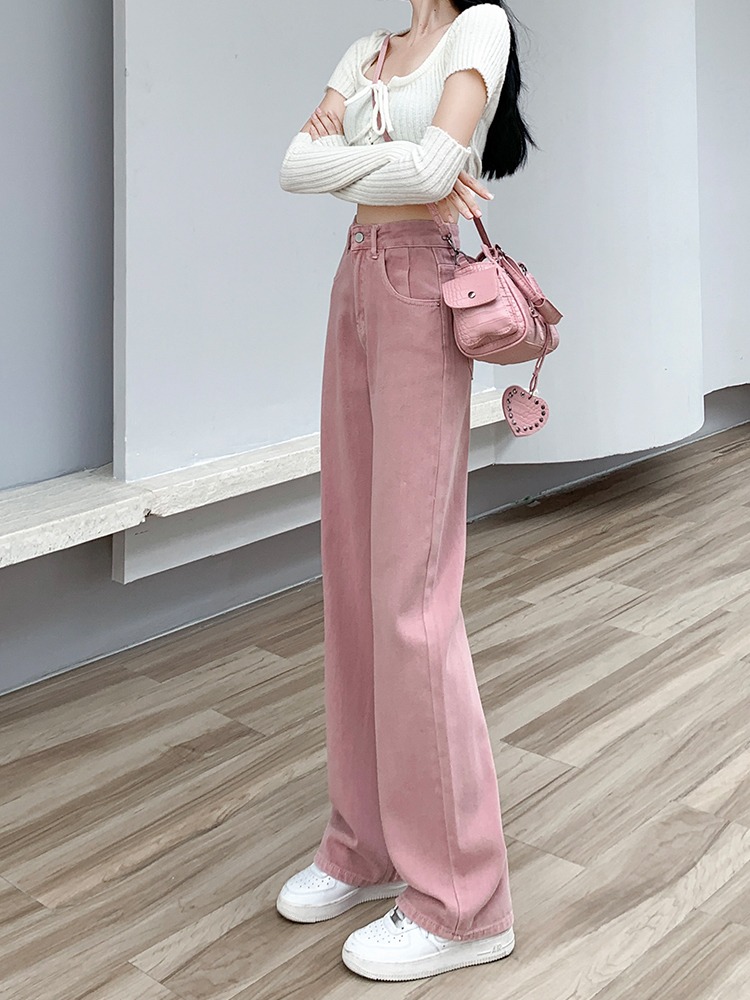 脏粉色窄版阔腿直筒牛仔裤女2025春季新款小个子今年流行爆款裤子