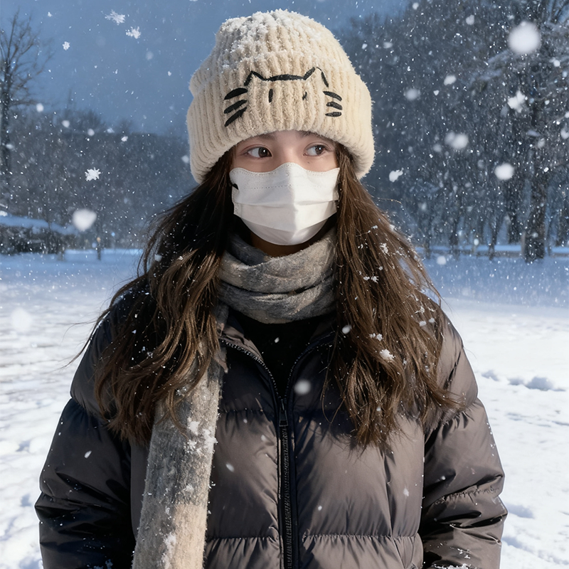 韩系可爱帽子女款2025秋冬新款高颜值小猫刺绣毛线保暖护耳针织帽