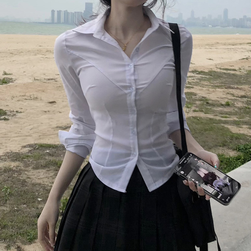 色女神上衣女士白色紧身衬衣收腰JKv领衬衫性感修身弹力网红短款