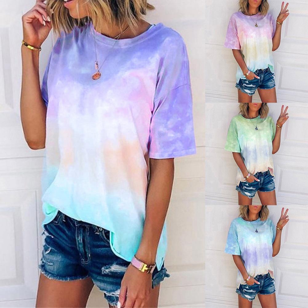 Tie dye gradient print loose T-shirt扎染彩虹色宽松女士 T恤夏