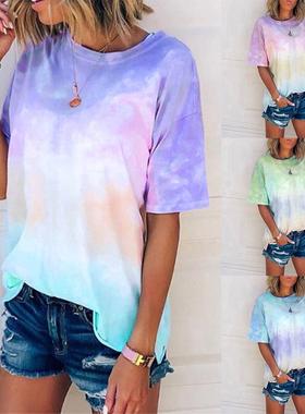Tie dye gradient print loose T-shirt扎染彩虹色宽松女士 T恤夏
