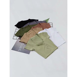 T恤上衣Basic Solid Crop Top Neck 领短袖 Fit 纯色修身 Slim