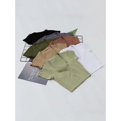 纯色修身性感U领短袖T恤上衣