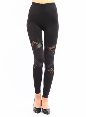 Lace cutout panelled thin leggings女士蕾丝镂空拼皮薄款打底裤