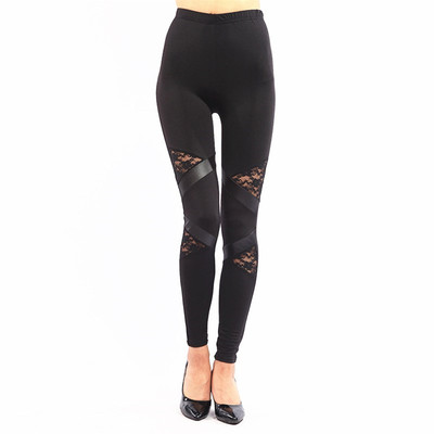 蕾丝镂空拼皮薄款打底裤