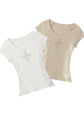 印花蕾丝修身短袖t恤Printed lace fitted short-sleeved T-shirt