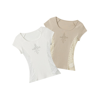 印花蕾丝性感修身短袖t恤