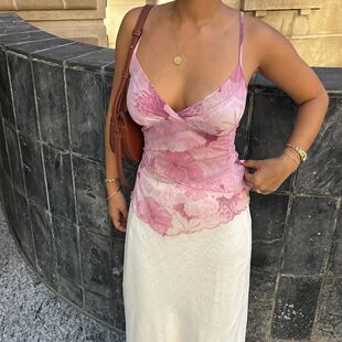 吊带背心上衣Vintage Cami Print Spliced Top Mesh 性感辣妹修身