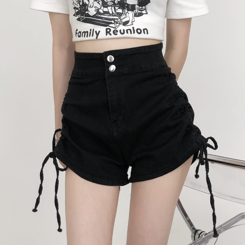 侧面抽褶 高腰短裤 high-waisted denim shorts with side pleats