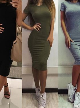 Women's short sleeved hip wrap dress 女士纯色短袖包臀连衣裙