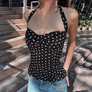 波点褶皱挂脖绑带收腰背心上衣Tie Halter Polka Dot Print Vest
