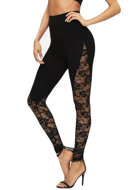 Black cutout lace paneled leg trousers黑色镂空蕾丝拼接小脚裤