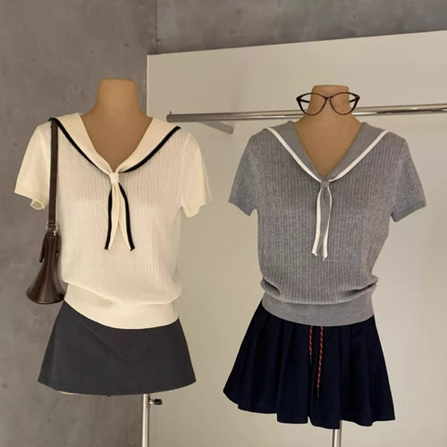 WGWE9062广州十三行女装夏季新款海军领短袖针织衫毛衣薄款上衣潮