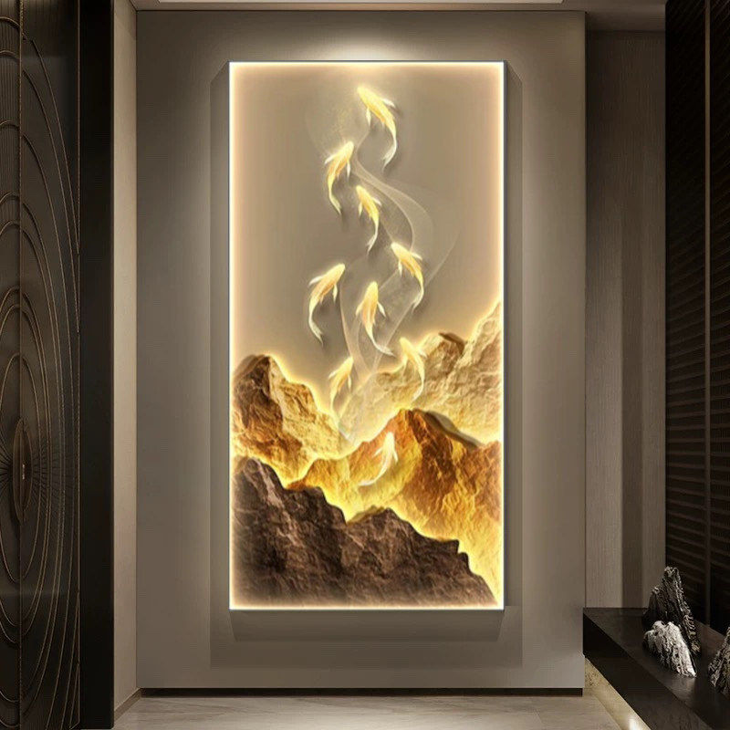 九鱼图轻奢玄关装饰画led灯画背靠金山客厅走廊过道挂画高档壁画,家居饰品,现代装饰画,淘宝优惠券,粉丝福利购,淘宝优惠卷