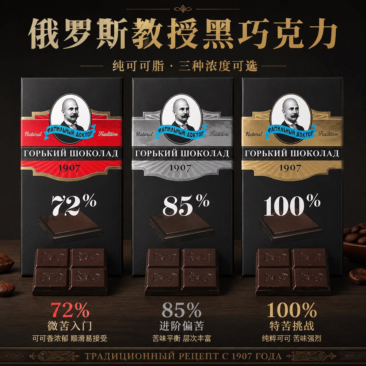 俄罗斯进口黑巧克力纯可可脂72%-苦巧老教授休闲零食礼物70g